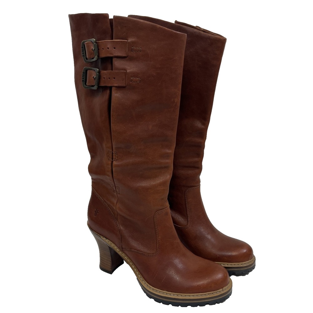 Frye Mildred Engineer Pull Riding Boots Womens 6.5M Brown Leather 3in Block Heel